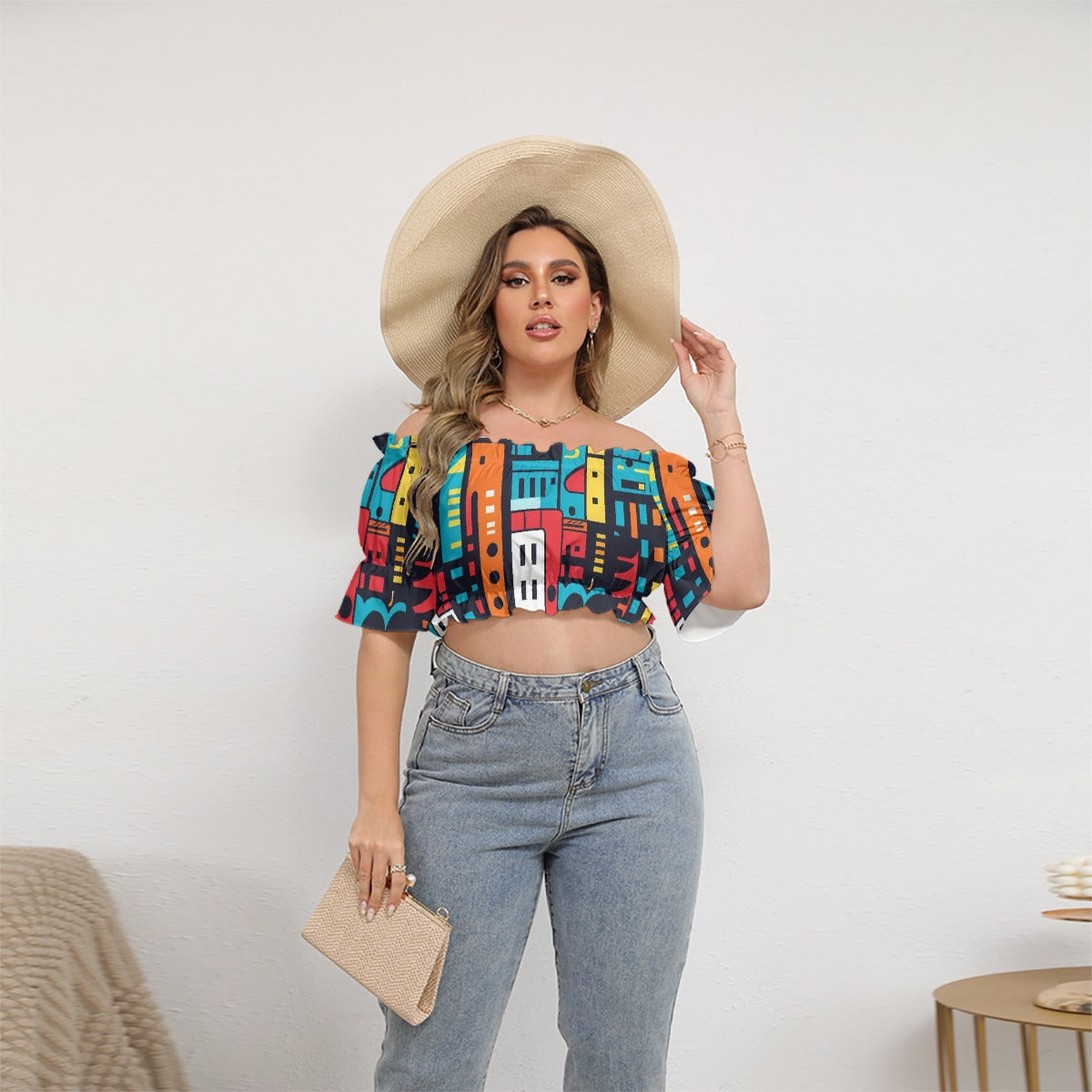 All-Over Print Women's Off-shoulder Cropped Top With Short Puff Sleeve
