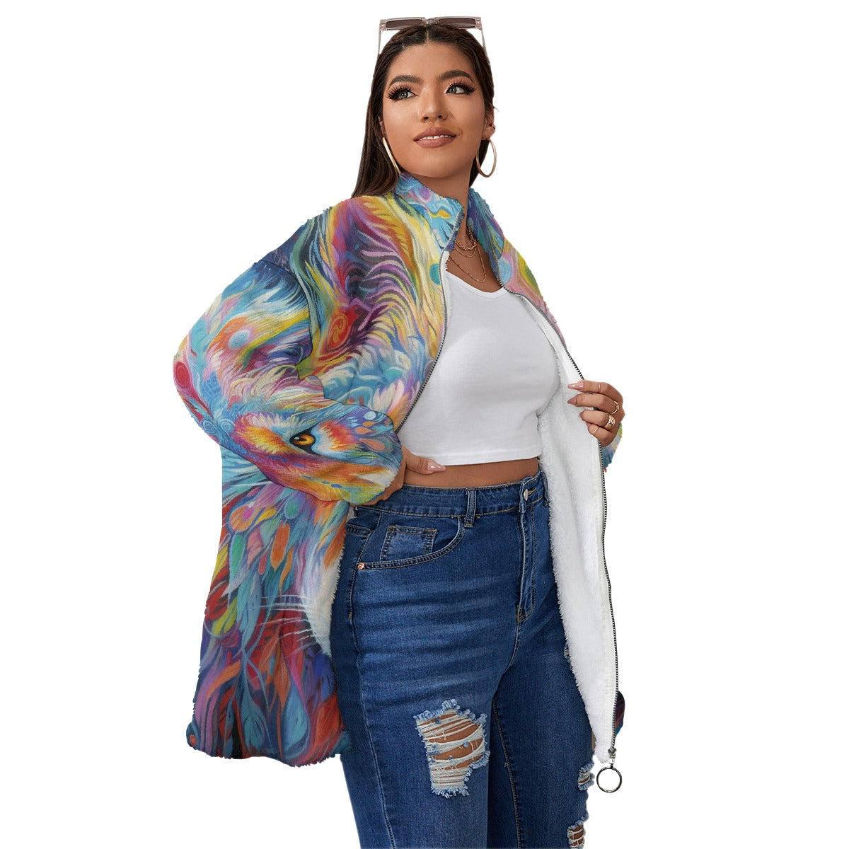 All-Over Print Unisex Borg Fleece Stand-up Collar Coat With Zipper Closure(Plus Size)