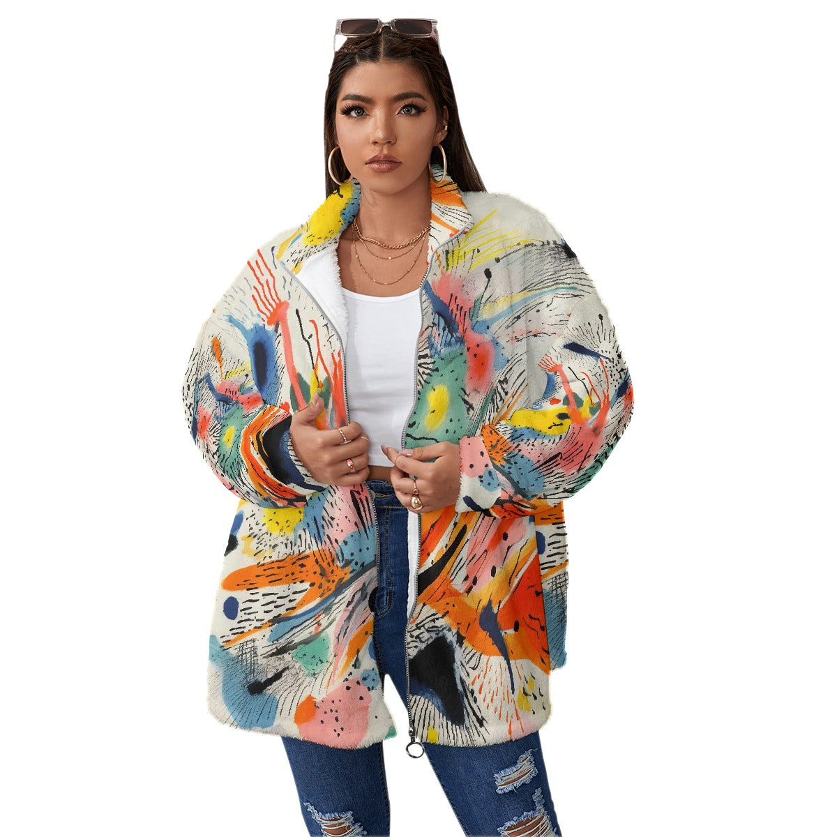 All-Over Print Unisex Borg Fleece Stand-up Collar Coat With Zipper Closure(Plus Size)