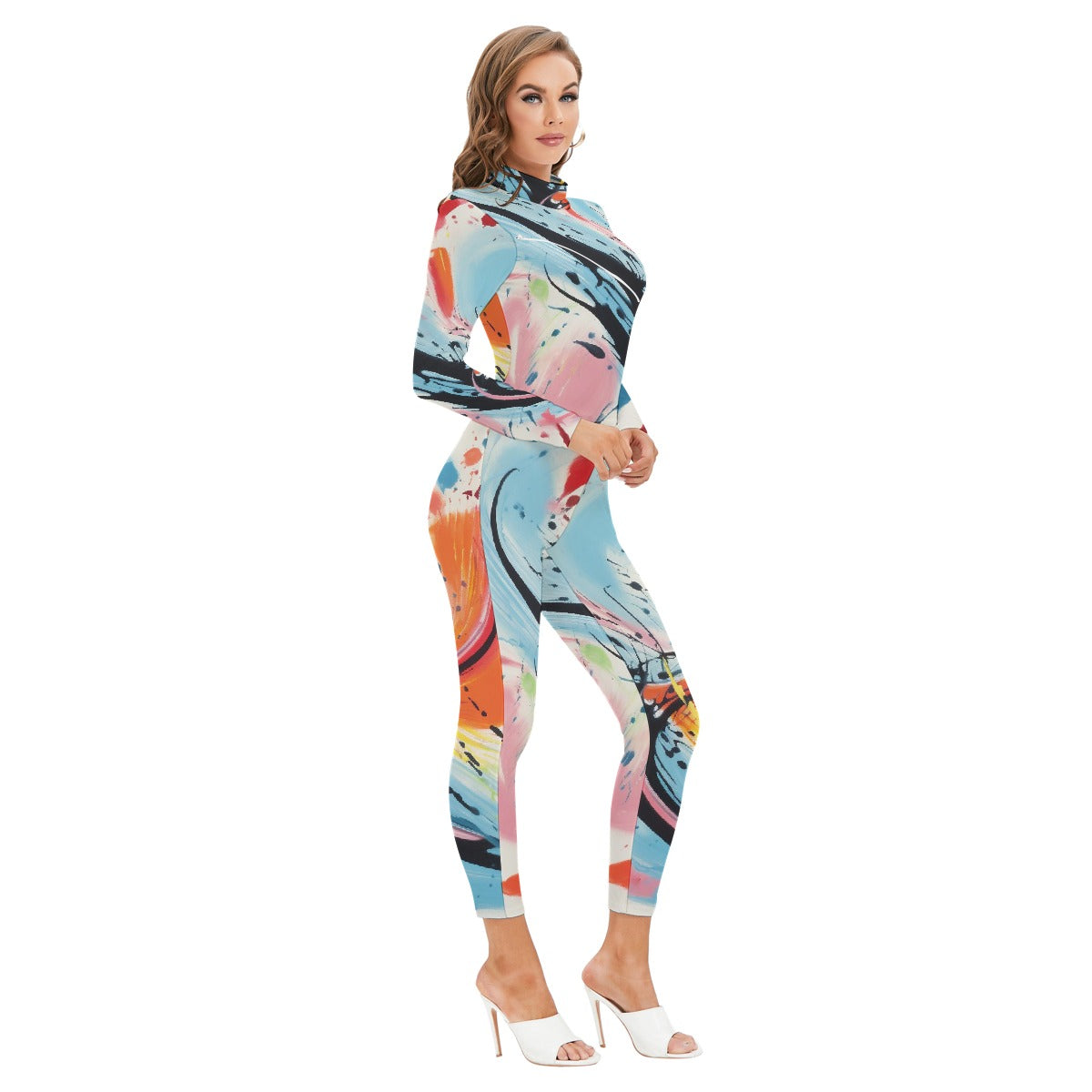 All-Over Print Women's Long-sleeved High-neck Jumpsuit With Zipper