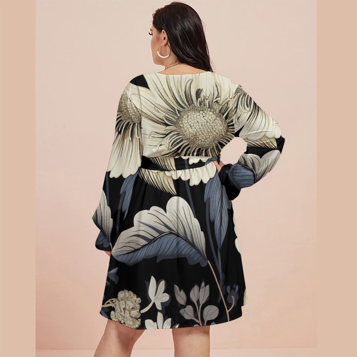 All-Over Print Women's V-neck Dress With Waistband(Plus Size)