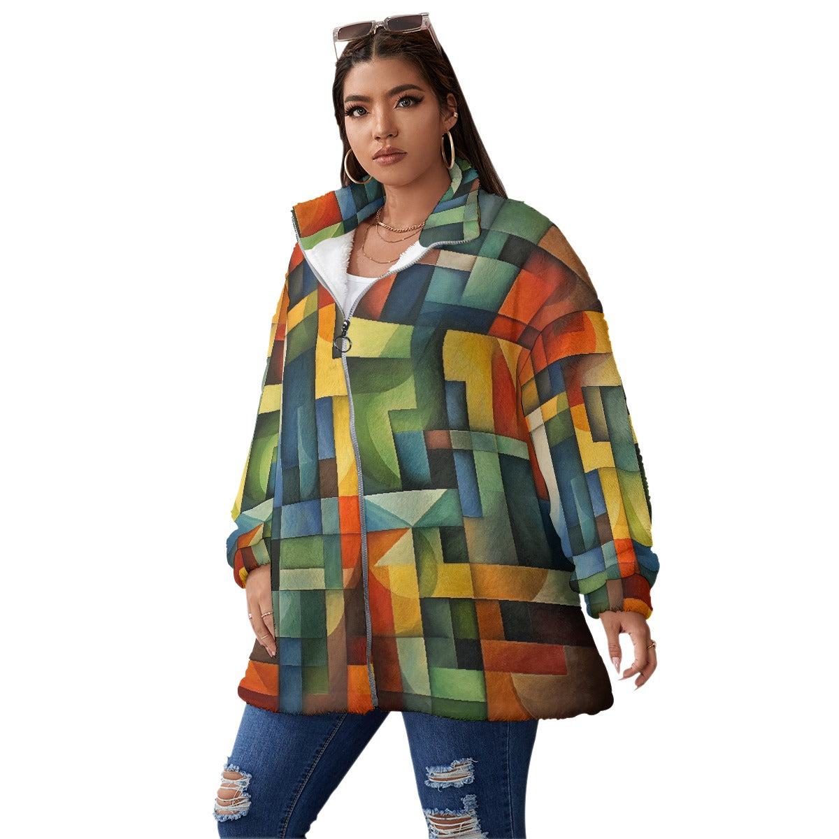 All-Over Print Unisex Borg Fleece Stand-up Collar Coat With Zipper Closure(Plus Size)