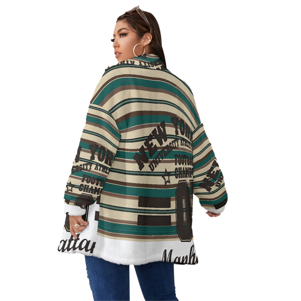 All-Over Print Unisex Borg Fleece Stand-up Collar Coat With Zipper Closure(Plus Size)