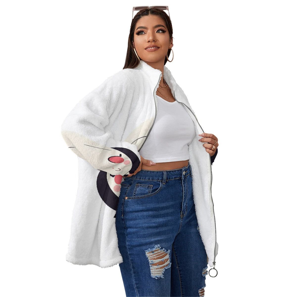 All-Over Print Unisex Borg Fleece Stand-up Collar Coat With Zipper Closure(Plus Size)