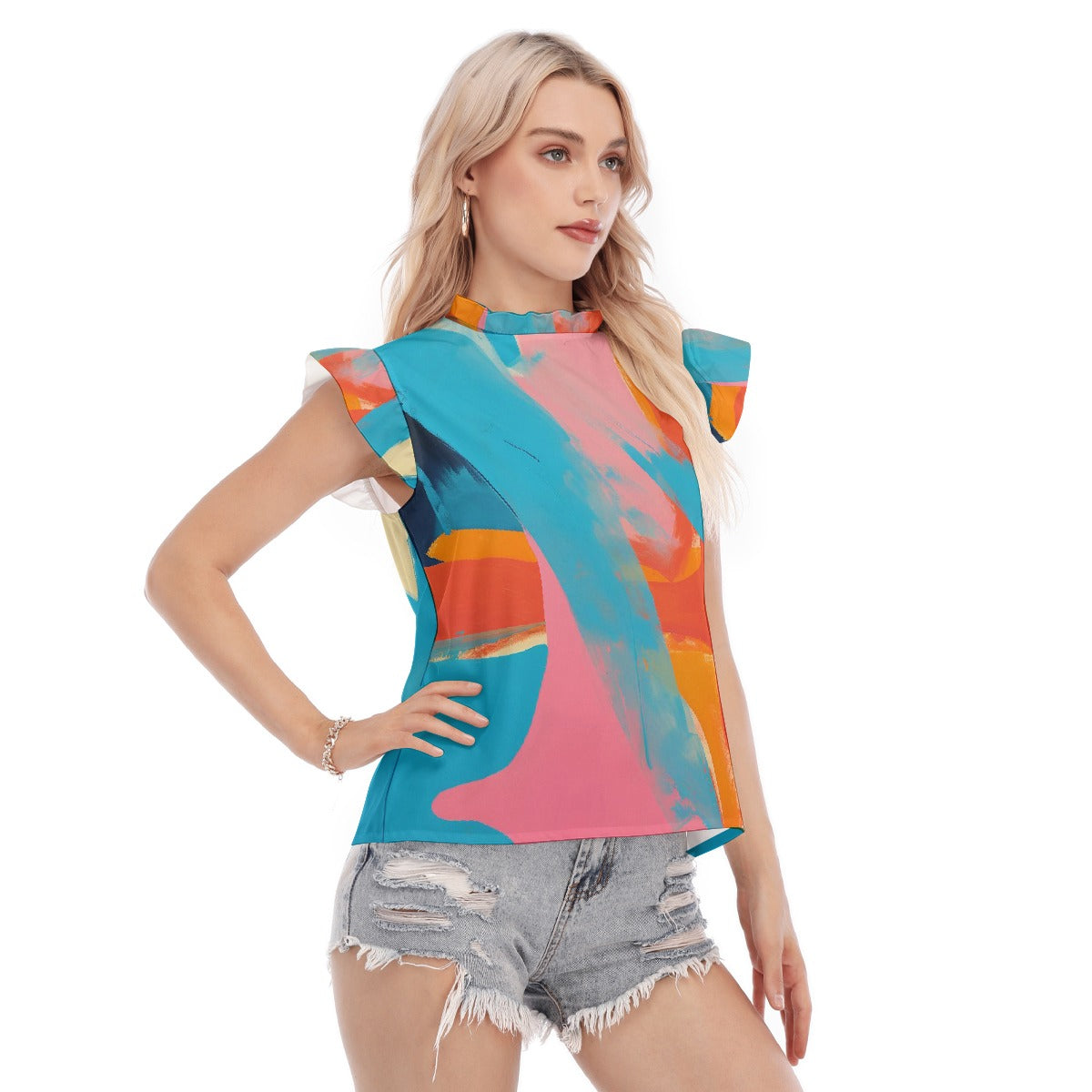 All-Over Print Women's Blouse With Ruffle Collar And Sleeve