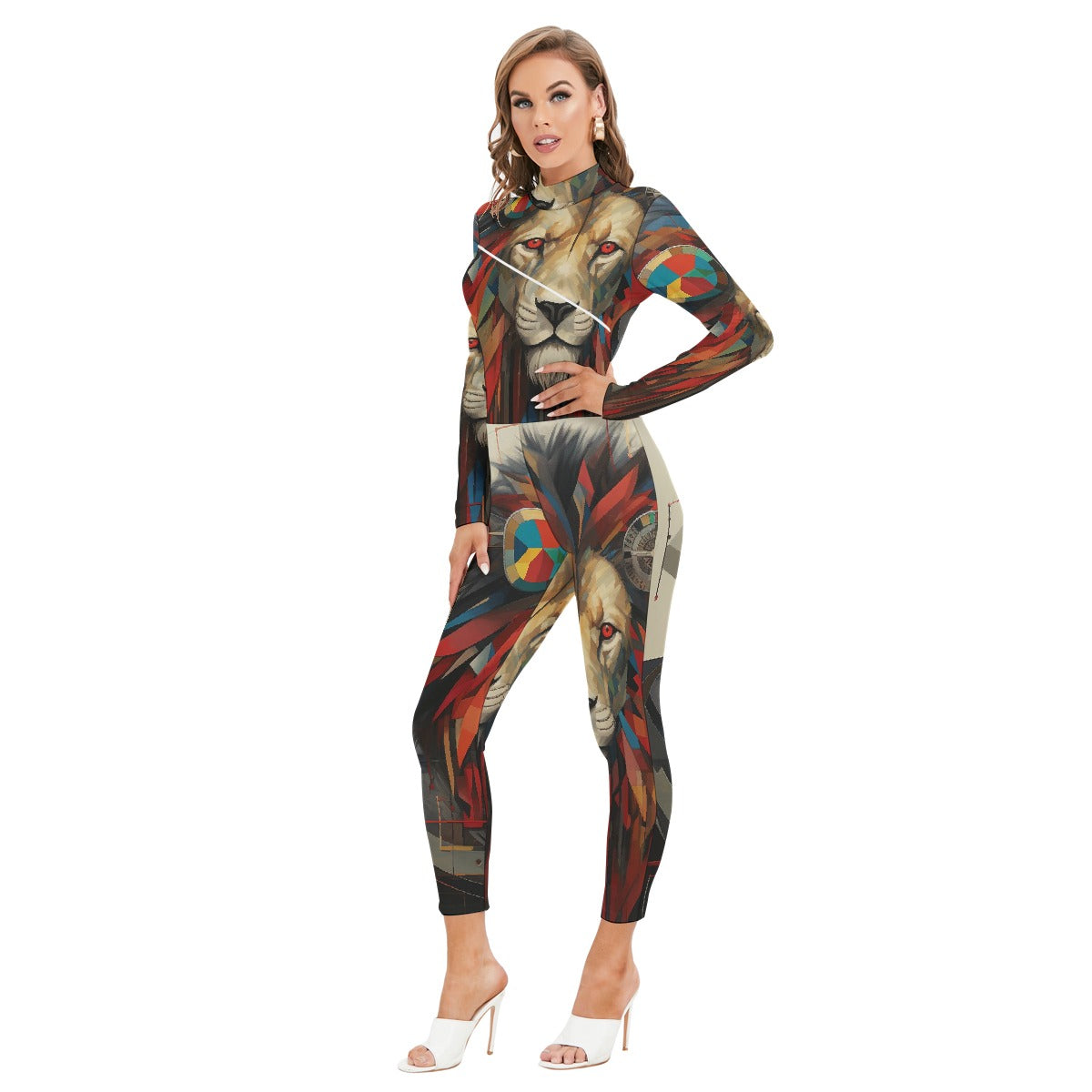 All-Over Print Women's Long-sleeved High-neck Jumpsuit With Zipper