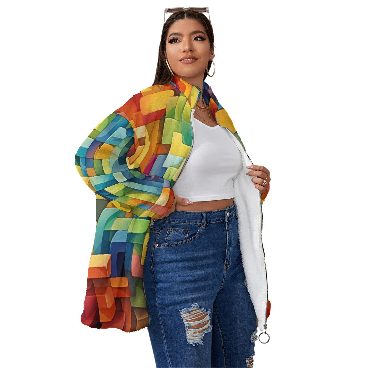 All-Over Print Unisex Borg Fleece Stand-up Collar Coat With Zipper Closure(Plus Size)