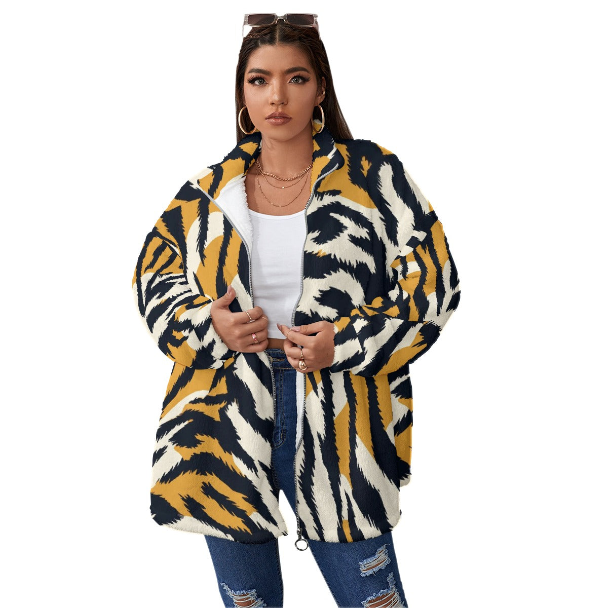 All-Over Print Unisex Borg Fleece Stand-up Collar Coat With Zipper Closure(Plus Size)