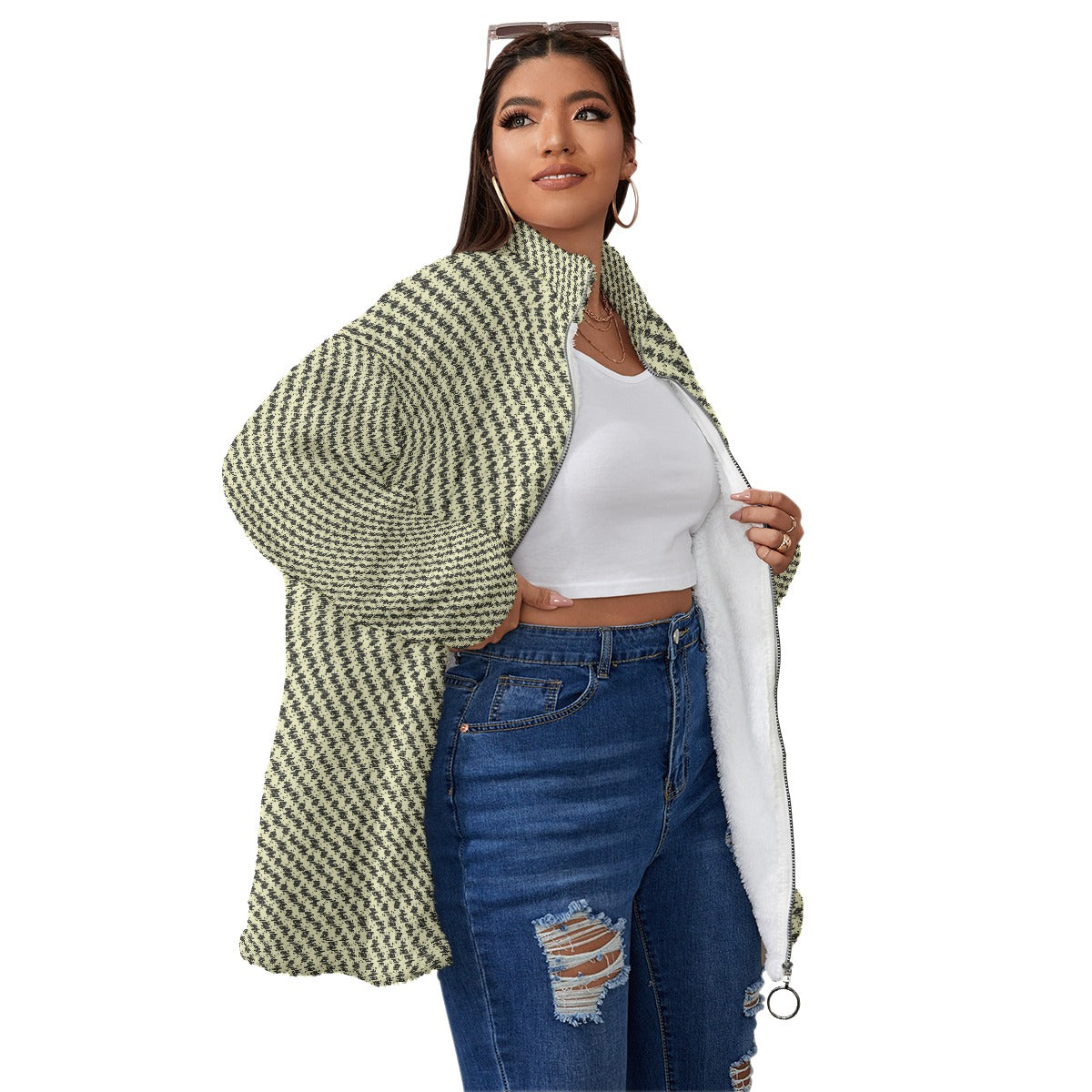 All-Over Print Unisex Borg Fleece Stand-up Collar Coat With Zipper Closure(Plus Size)