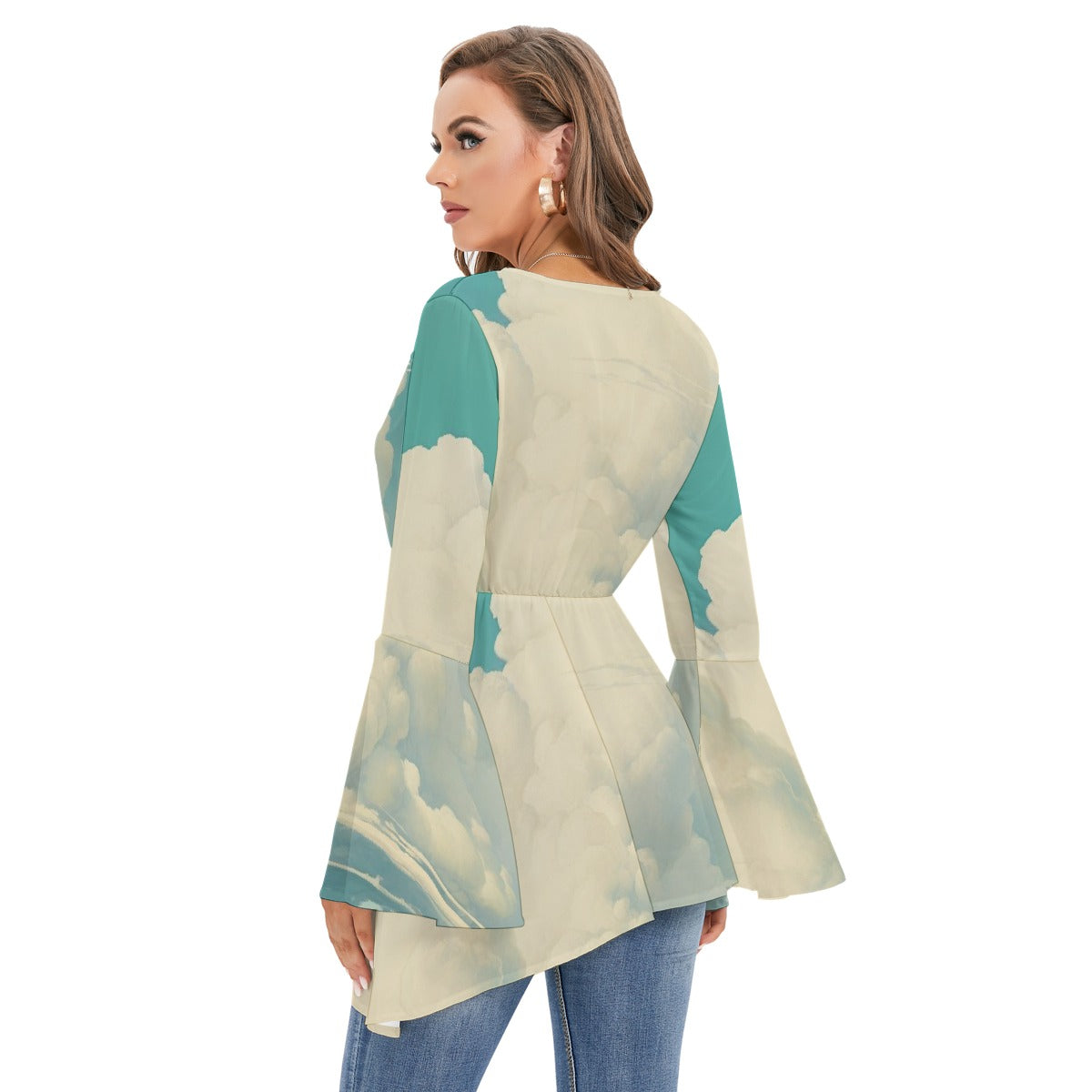 All-Over Print Women's V-neck Blouse With Flared Sleeves