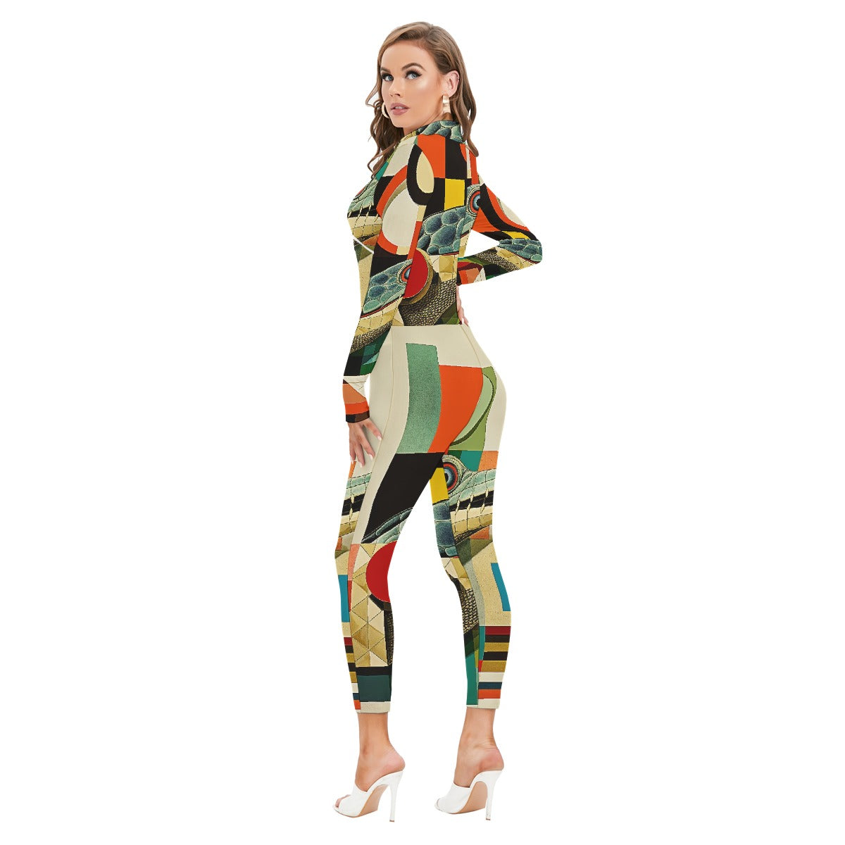 All-Over Print Women's Long-sleeved High-neck Jumpsuit With Zipper