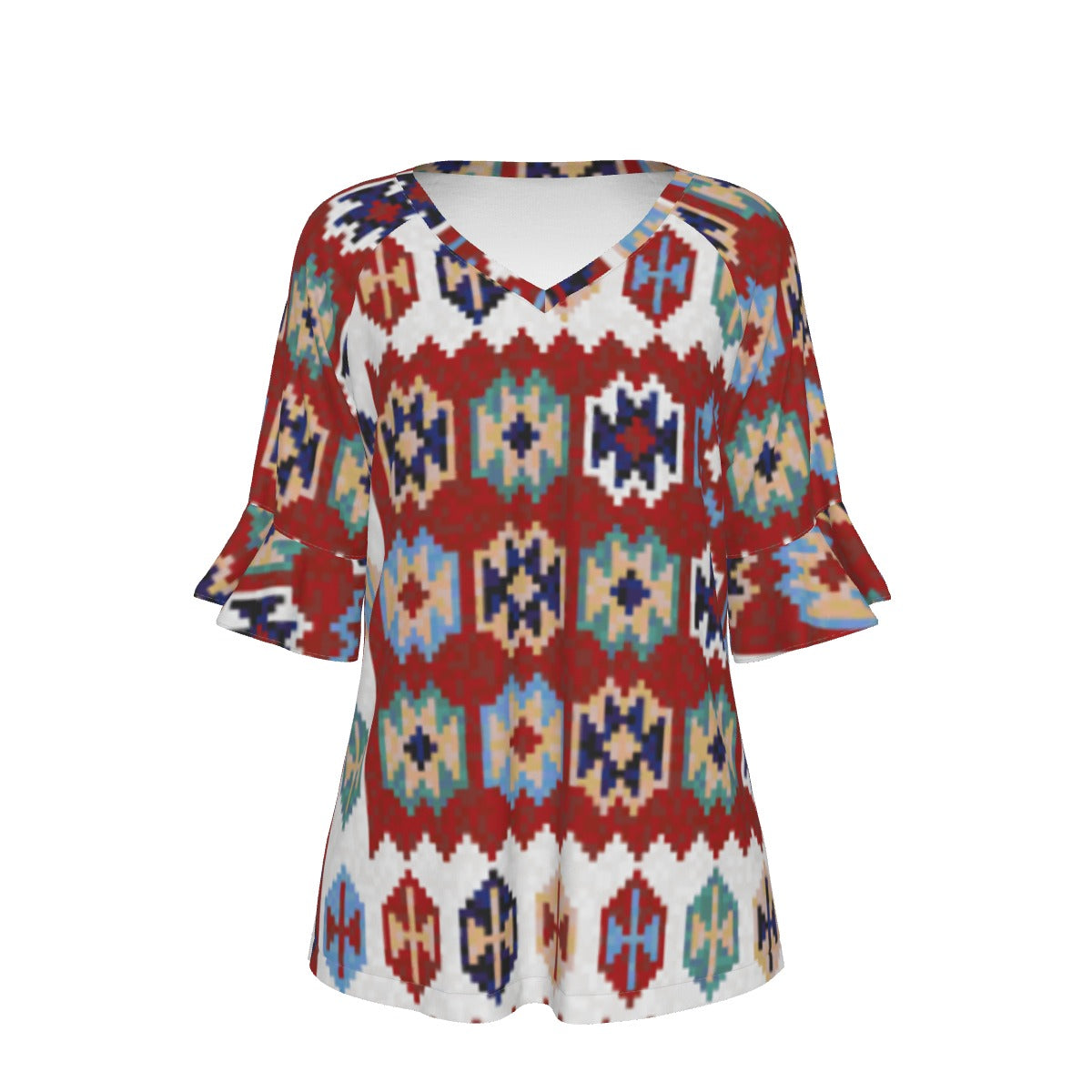 All-Over Print V-neck Women's T-shirt With Bell Sleeve