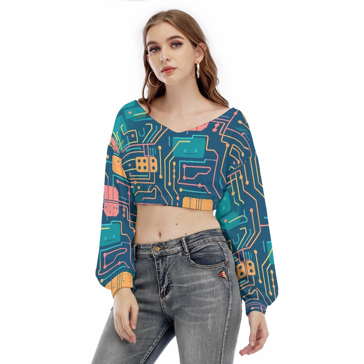 All-Over Print Women's V-neck Long Sleeve Cropped Sweatshirt