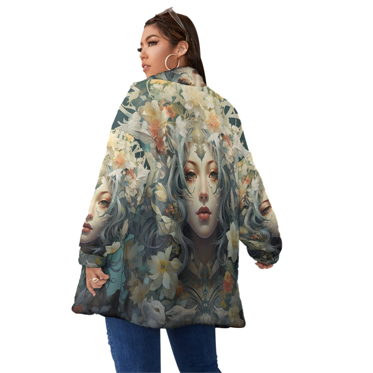 All-Over Print Unisex Borg Fleece Stand-up Collar Coat With Zipper Closure(Plus Size)
