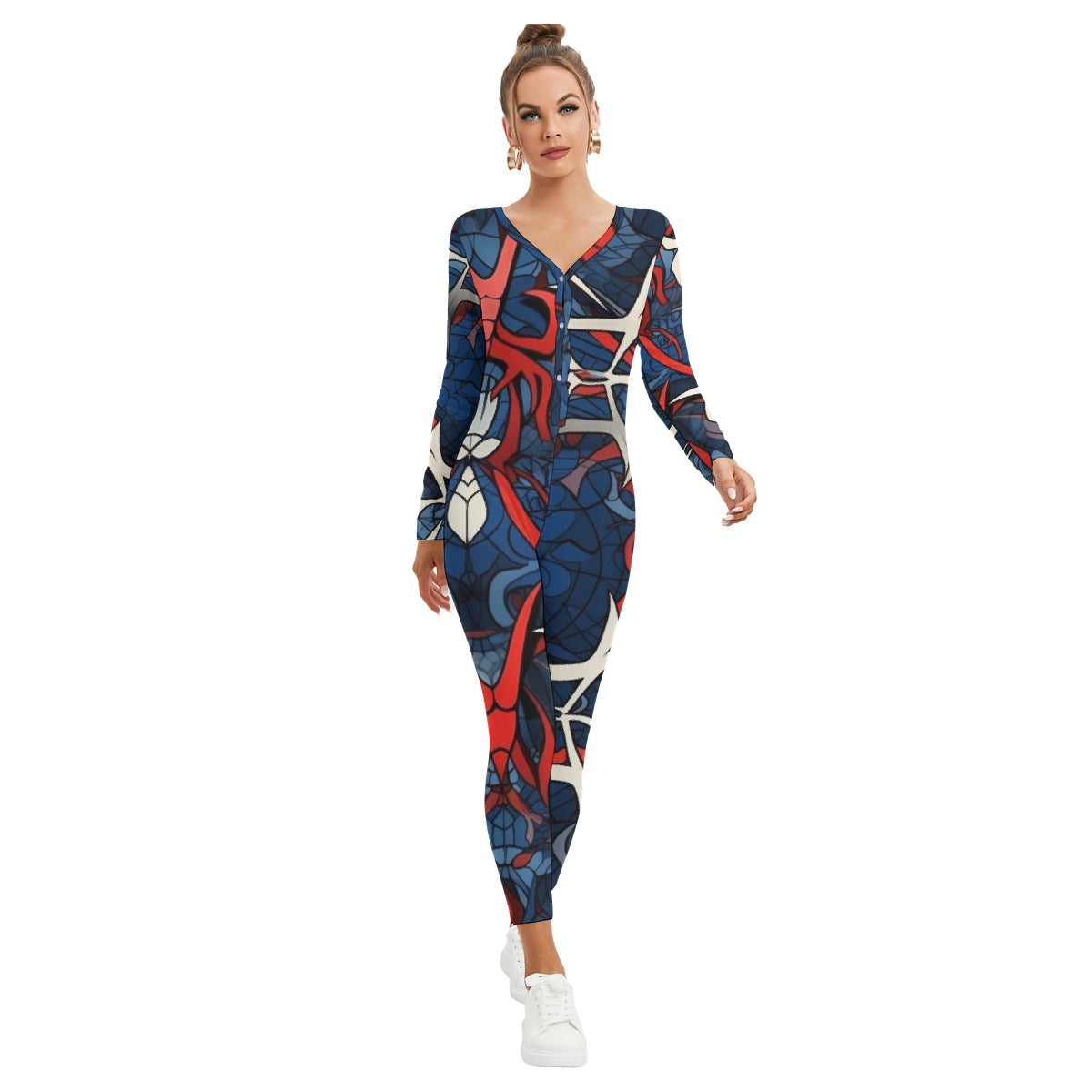 All-Over Print Women's Plunging Neck Jumpsuit