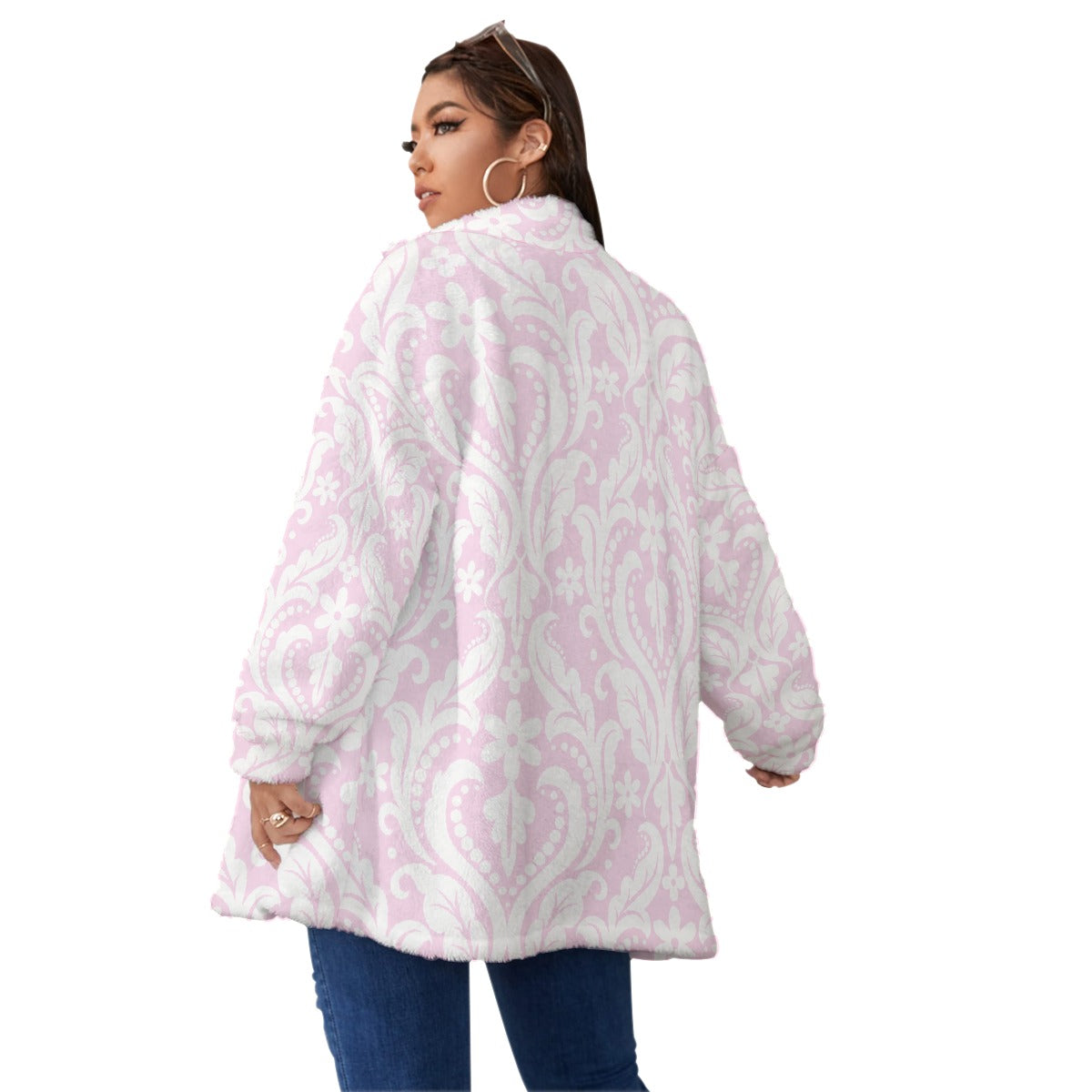 All-Over Print Unisex Borg Fleece Stand-up Collar Coat With Zipper Closure(Plus Size)