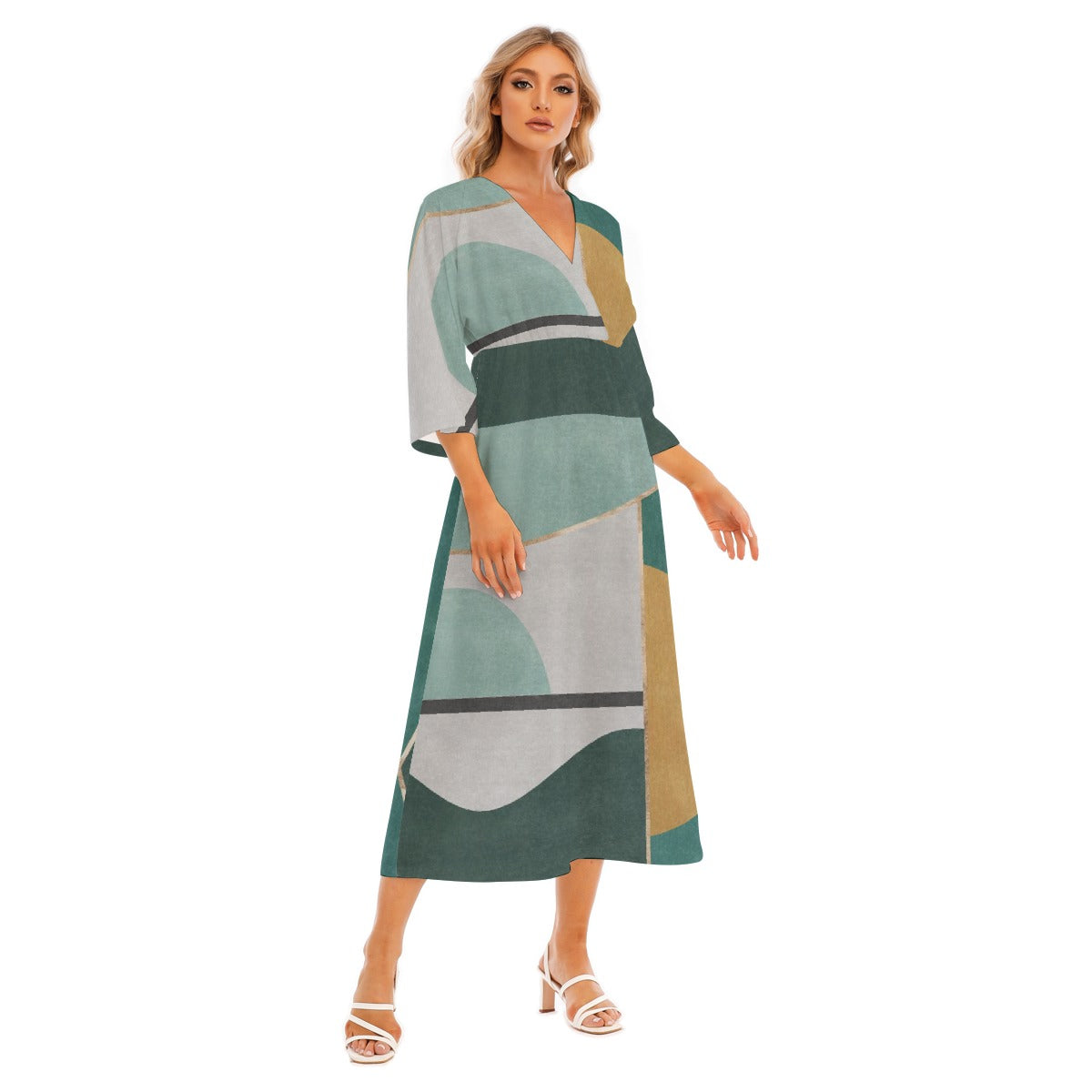 All-Over Print Women's Mid-Sleeve Long Dress