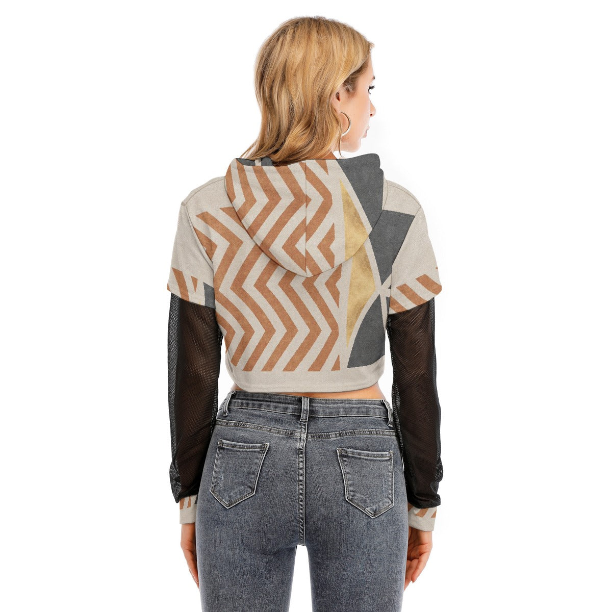 All-Over Print Women's Fake Two-piece Mesh Sleeve Cropped Hoodie