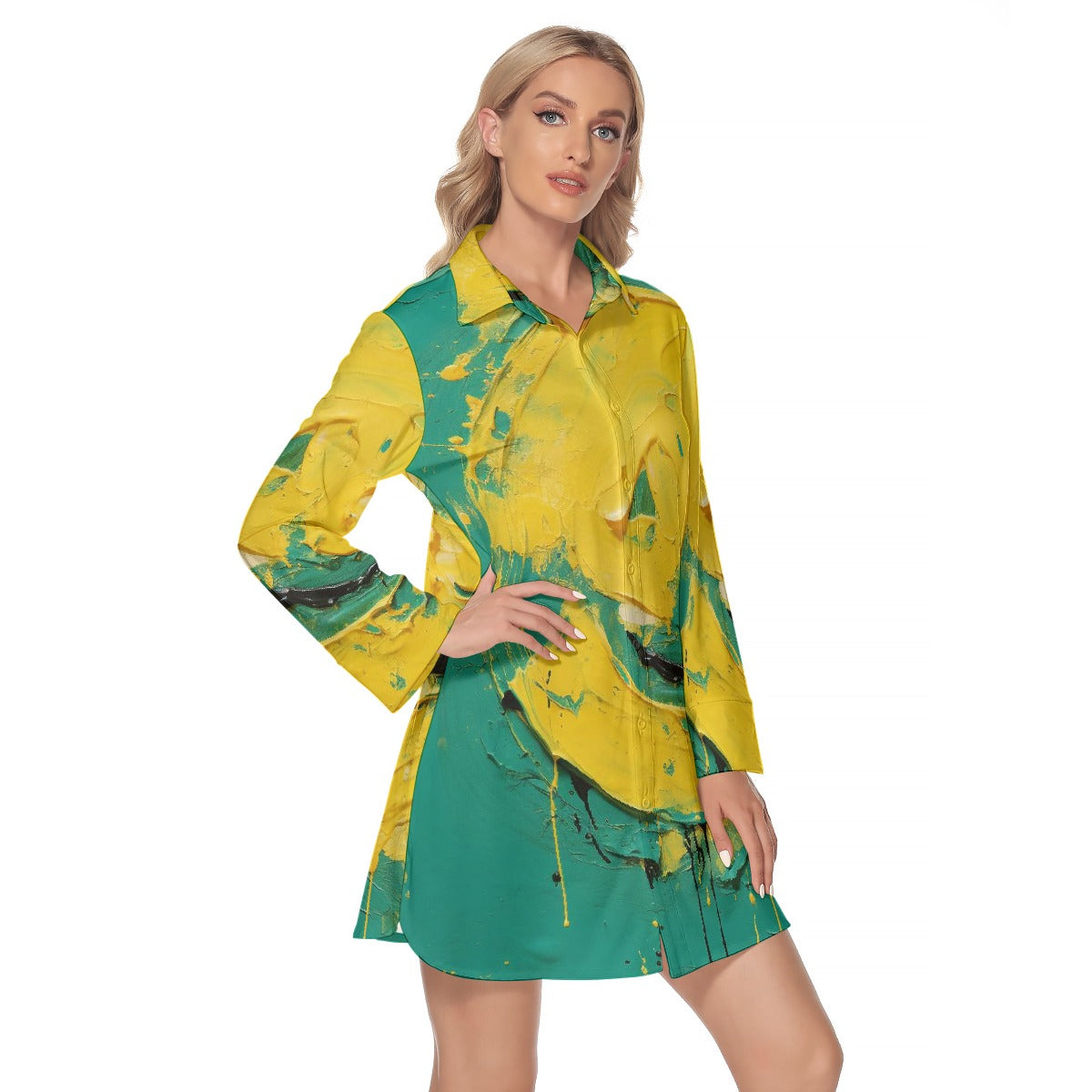 All-Over Print Women's Lapel Shirt Dress With Long Sleeve