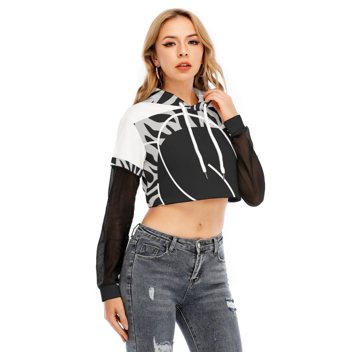 All-Over Print Women's Fake Two-piece Mesh Sleeve Cropped Hoodie