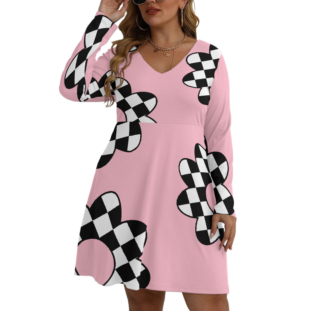All-Over Print Women's V-neck Long Sleeve Dress(Plus Size)