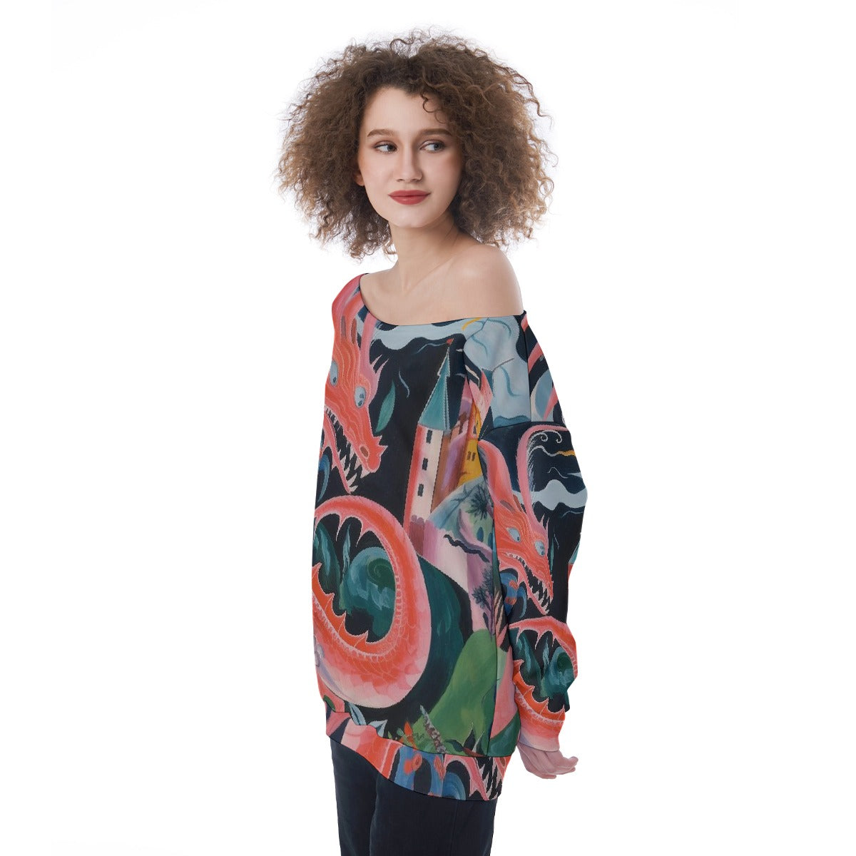 All-Over Print Oversized Women's Off-Shoulder Sweatshirt