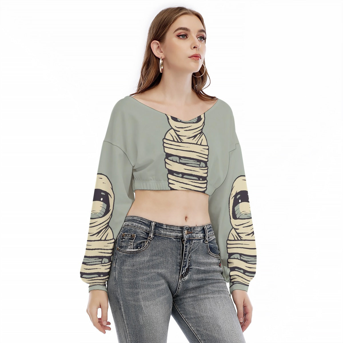 All-Over Print Women's V-neck Long Sleeve Cropped Sweatshirt