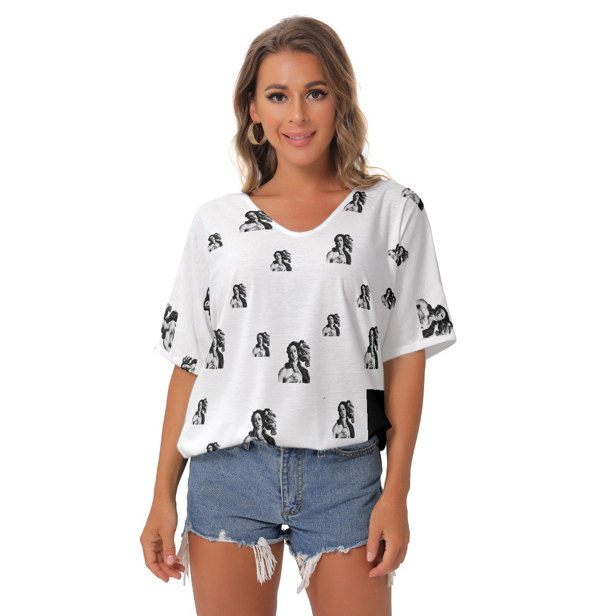 All-Over Print Women's Bat Sleeves V-Neck Blouse