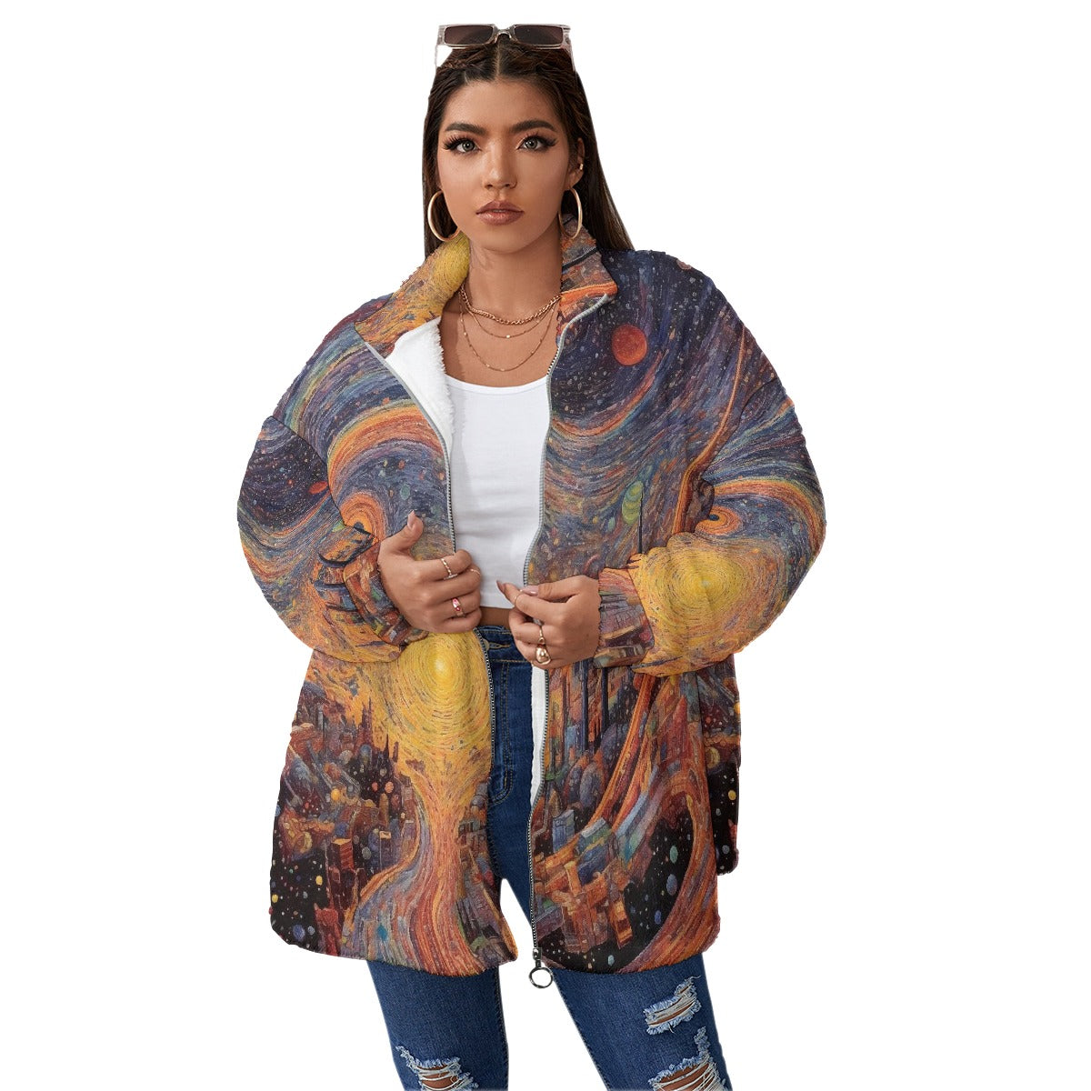 All-Over Print Unisex Borg Fleece Stand-up Collar Coat With Zipper Closure(Plus Size)