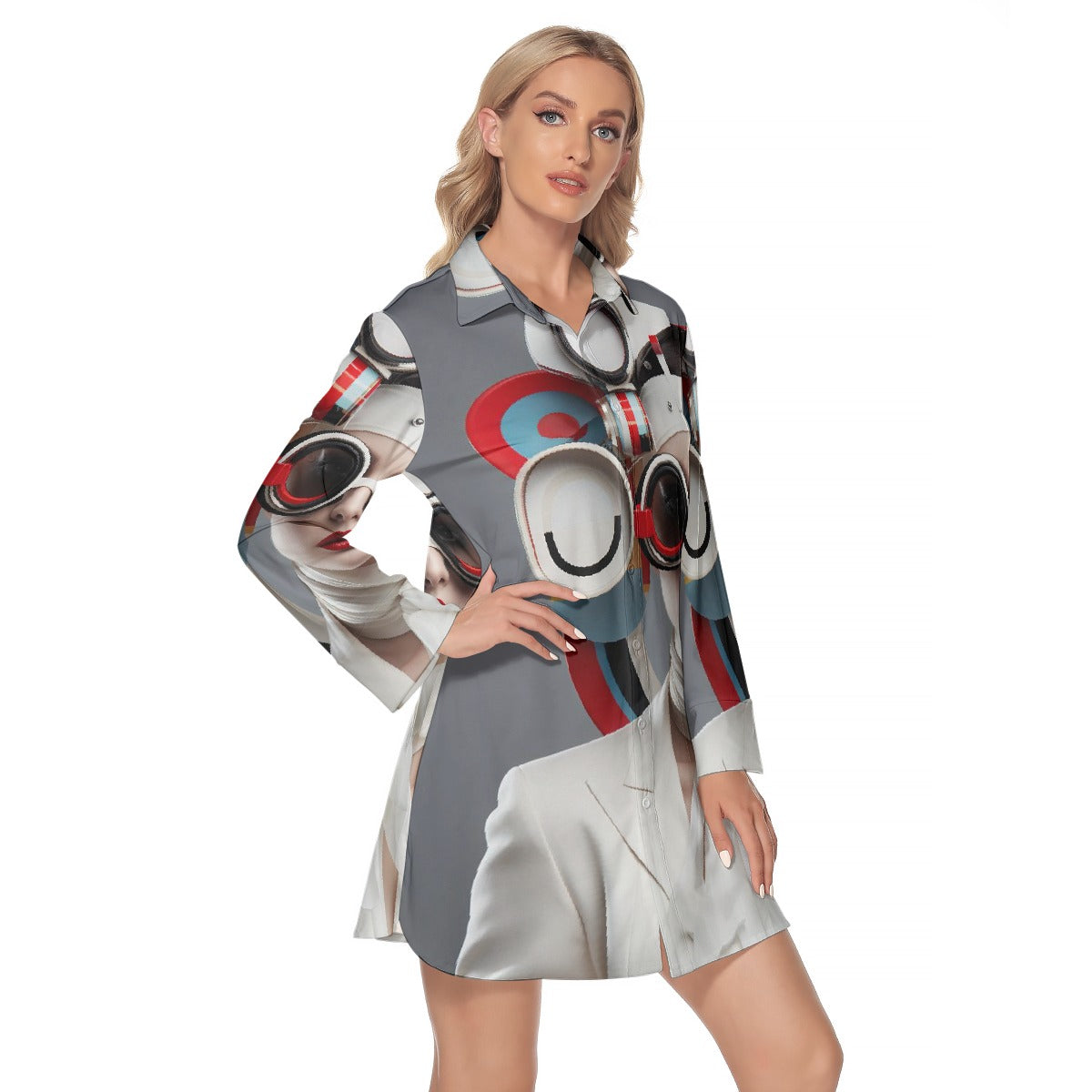 All-Over Print Women's Lapel Shirt Dress With Long Sleeve