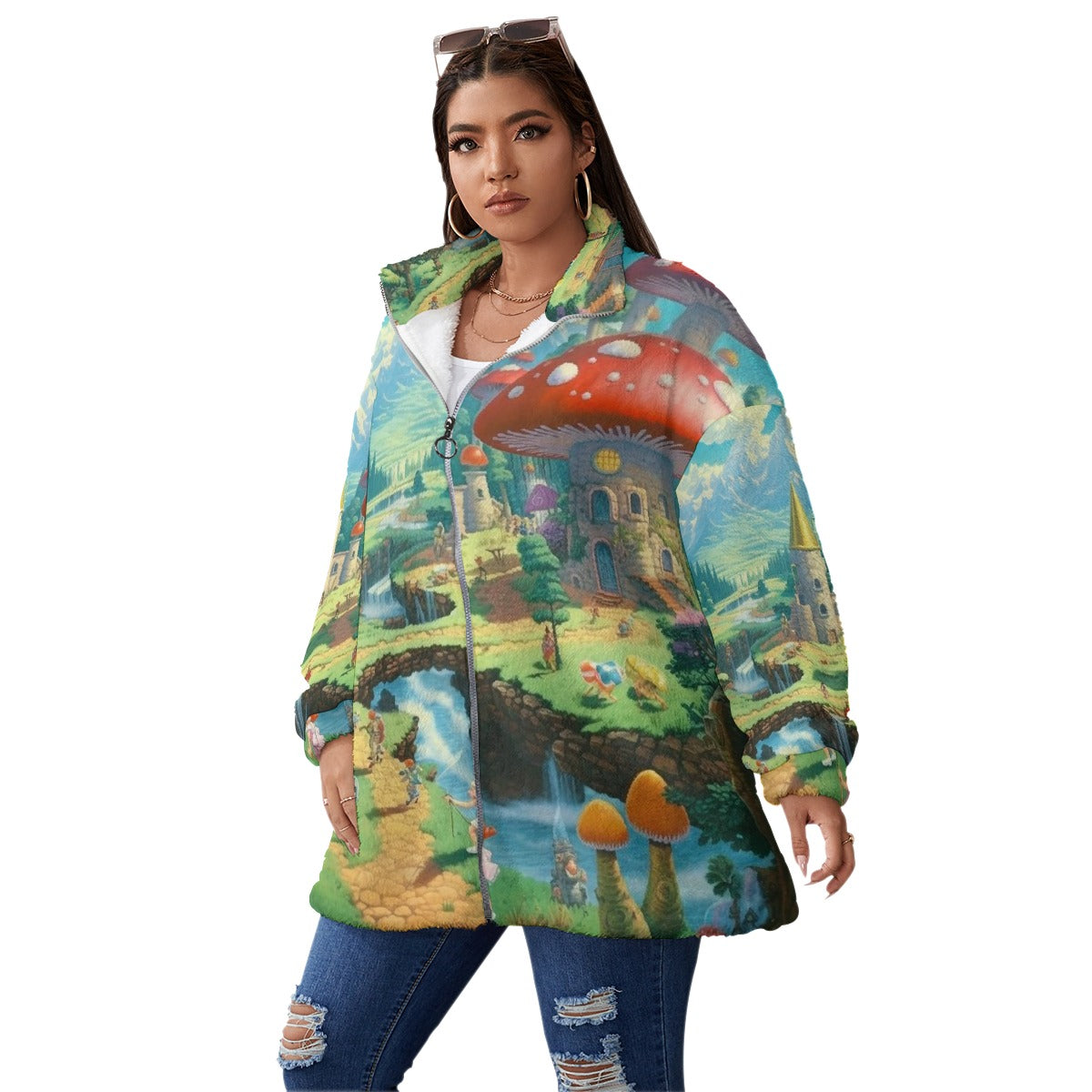 All-Over Print Unisex Borg Fleece Stand-up Collar Coat With Zipper Closure(Plus Size)