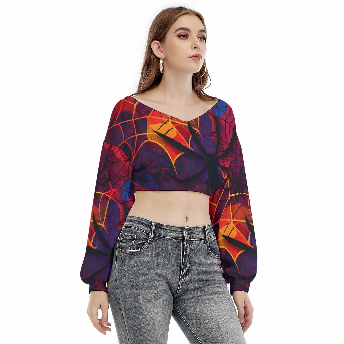 All-Over Print Women's V-neck Long Sleeve Cropped Sweatshirt