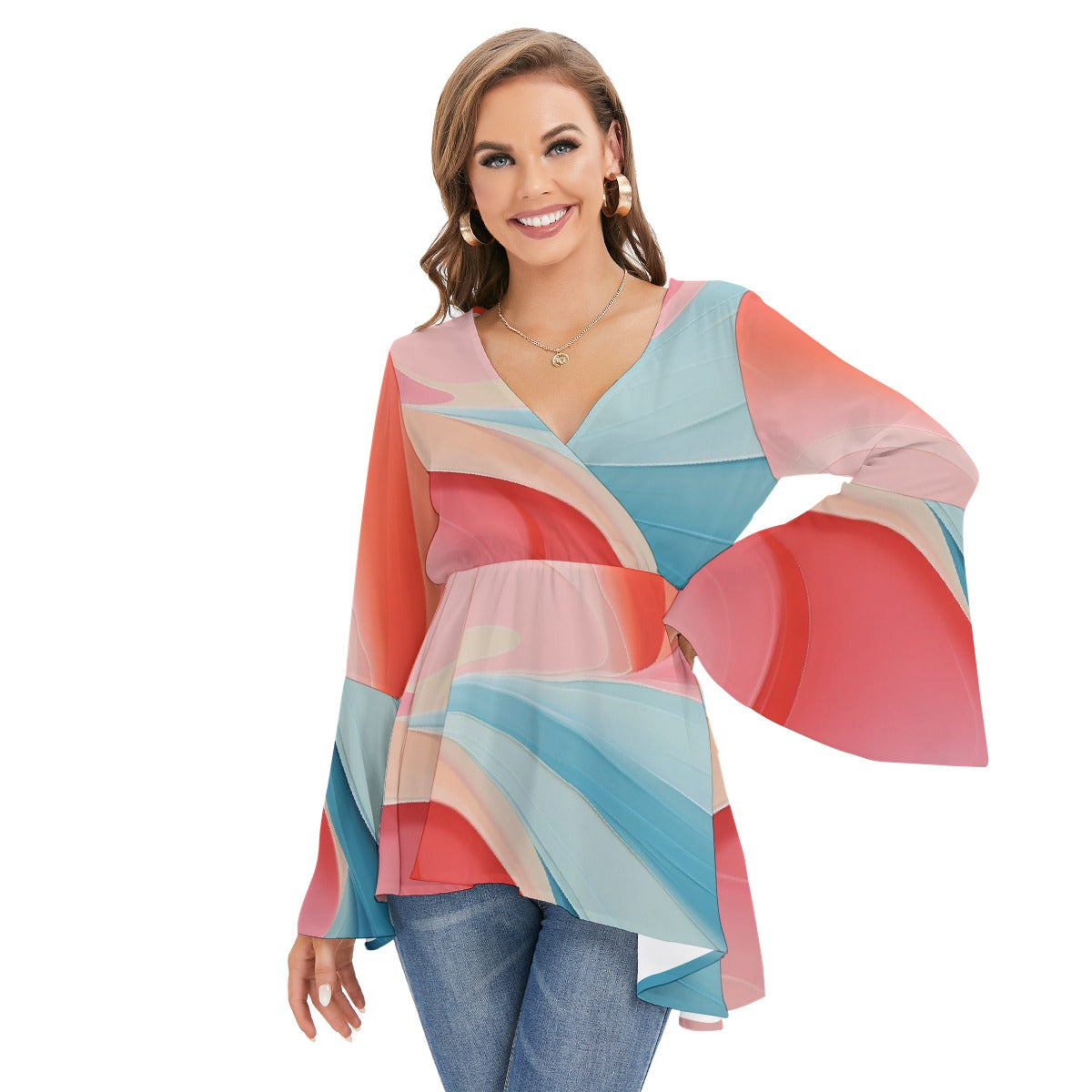 All-Over Print Women's V-neck Blouse With Flared Sleeves