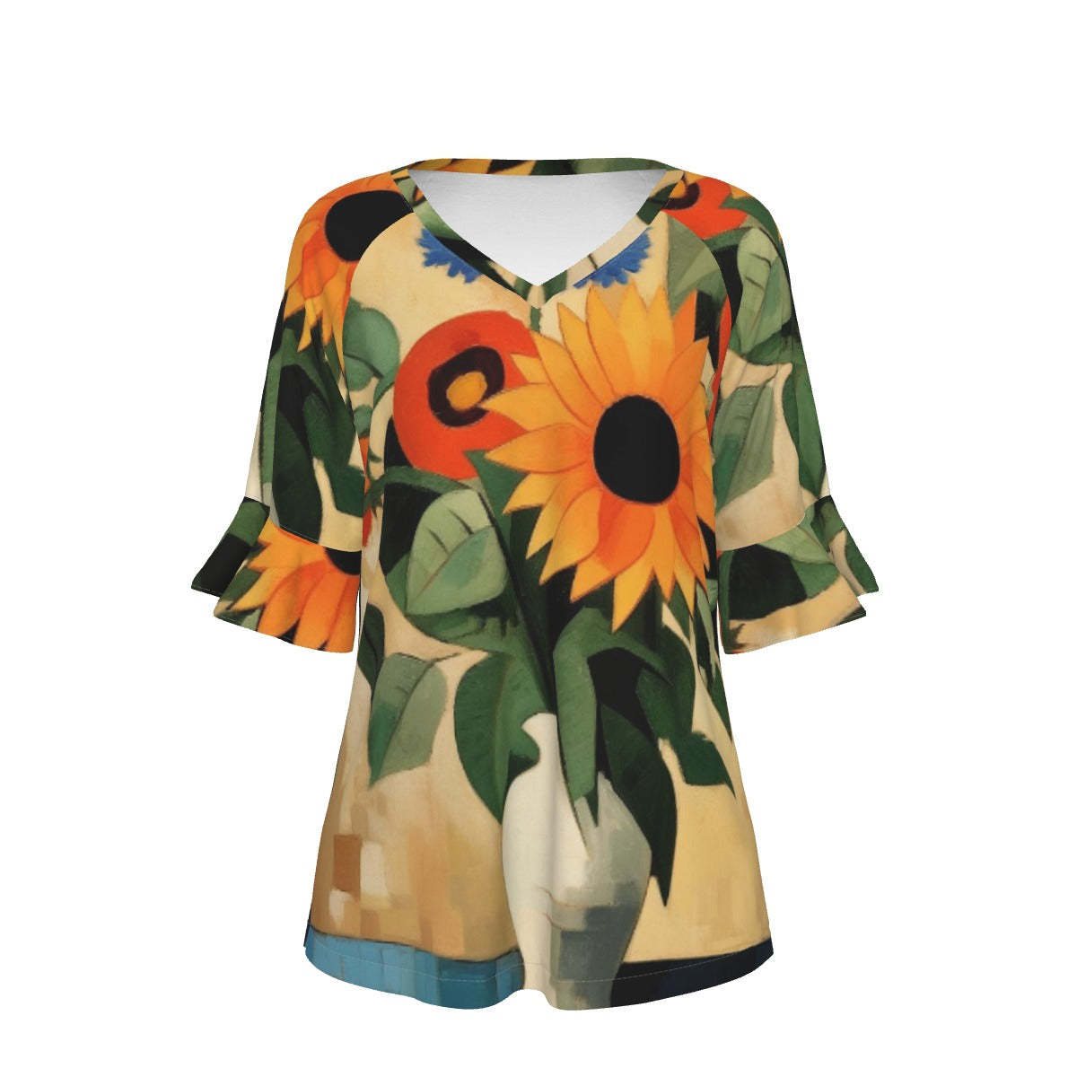 All-Over Print V-neck Women's T-shirt With Bell Sleeve