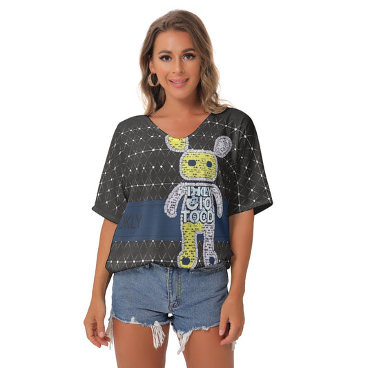 All-Over Print Women's Bat Sleeves V-Neck Blouse