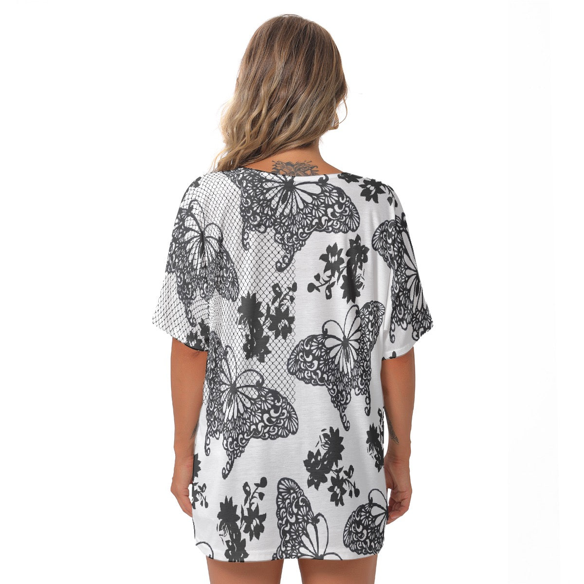 All-Over Print Women's Bat Sleeves V-Neck Blouse