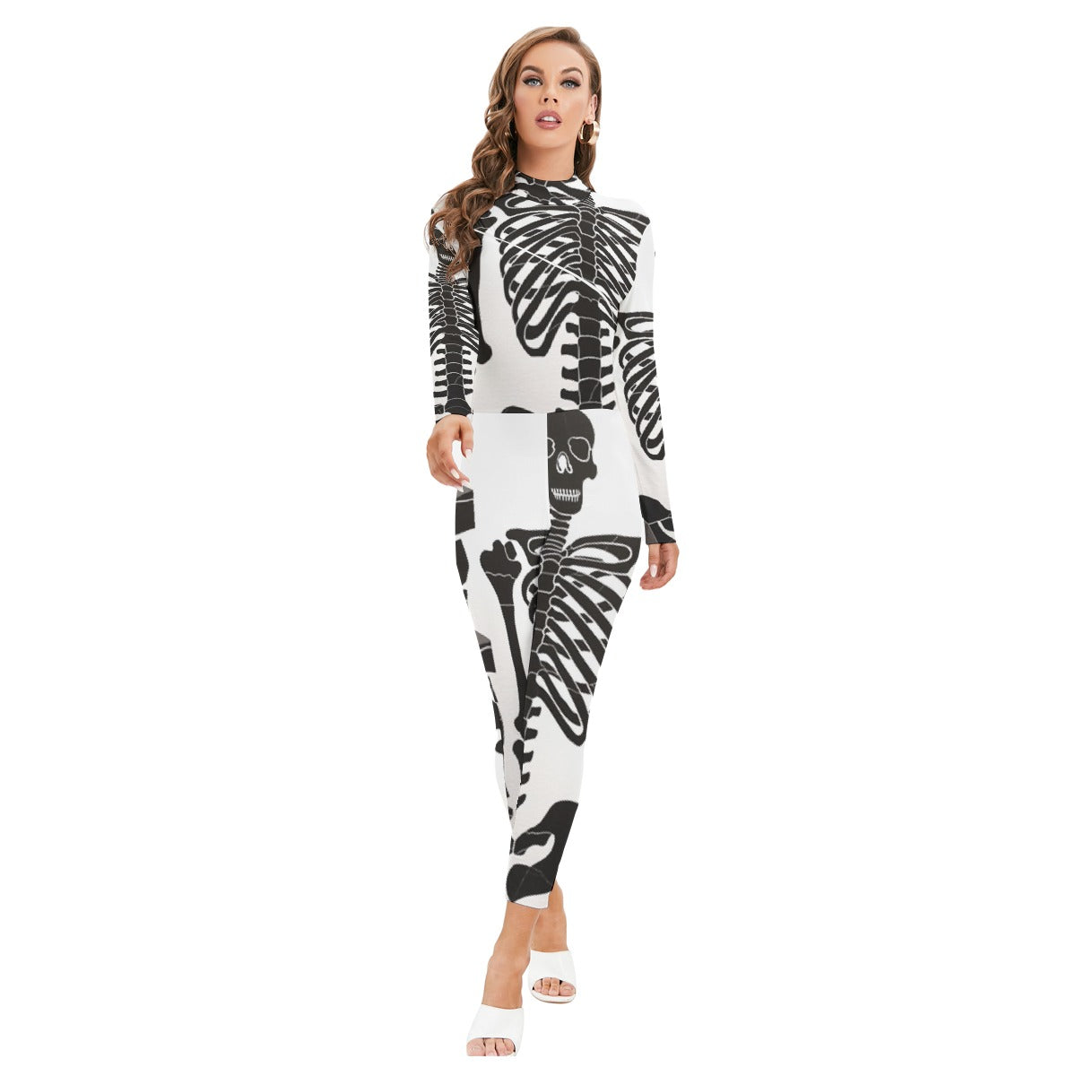 All-Over Print Women's Long-sleeved High-neck Jumpsuit With Zipper