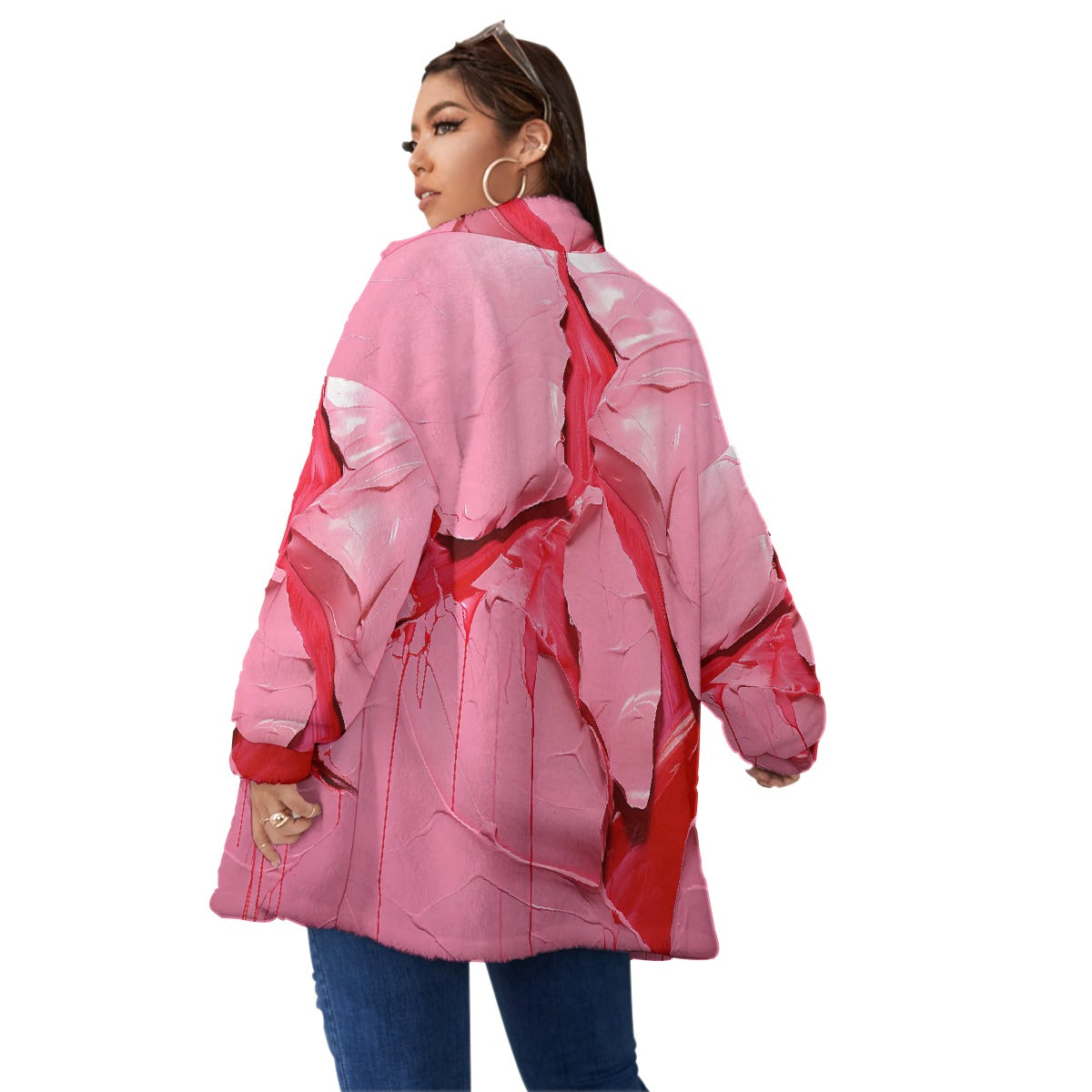 All-Over Print Unisex Borg Fleece Stand-up Collar Coat With Zipper Closure(Plus Size)