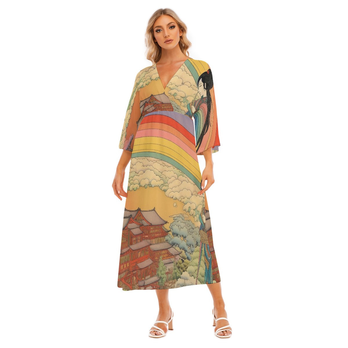 All-Over Print Women's Mid-Sleeve Long Dress