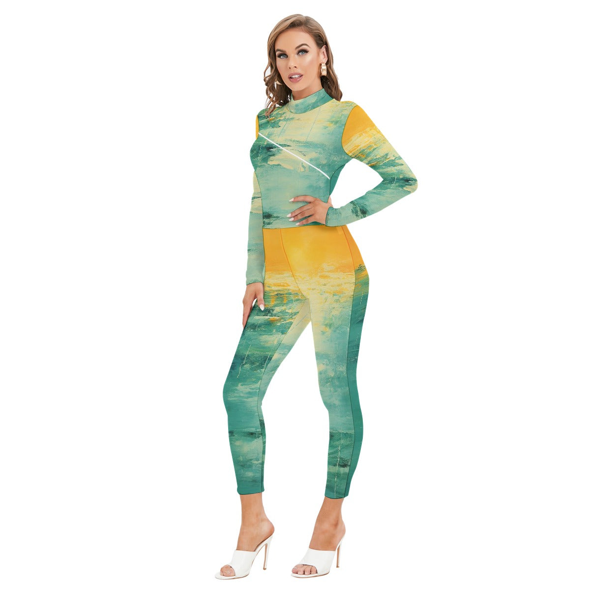 All-Over Print Women's Long-sleeved High-neck Jumpsuit With Zipper