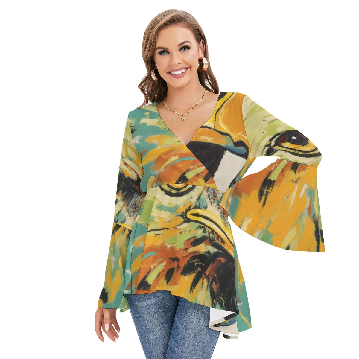 All-Over Print Women's V-neck Blouse With Flared Sleeves