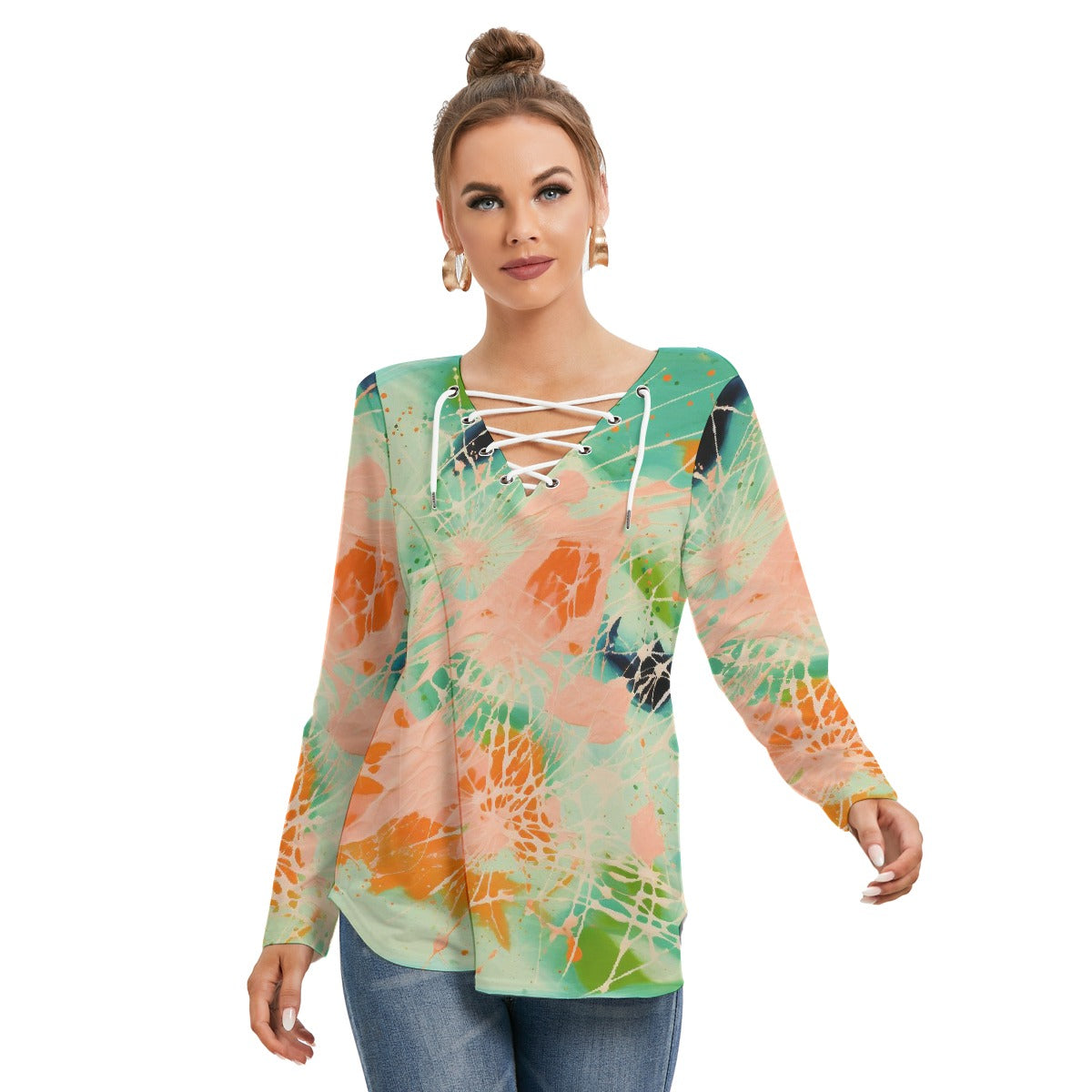 All-Over Print Women's Long Sleeve Neckline Tie Sweatshirt