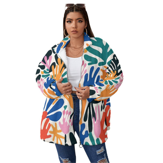 All-Over Print Unisex Borg Fleece Stand-up Collar Coat With Zipper Closure(Plus Size)