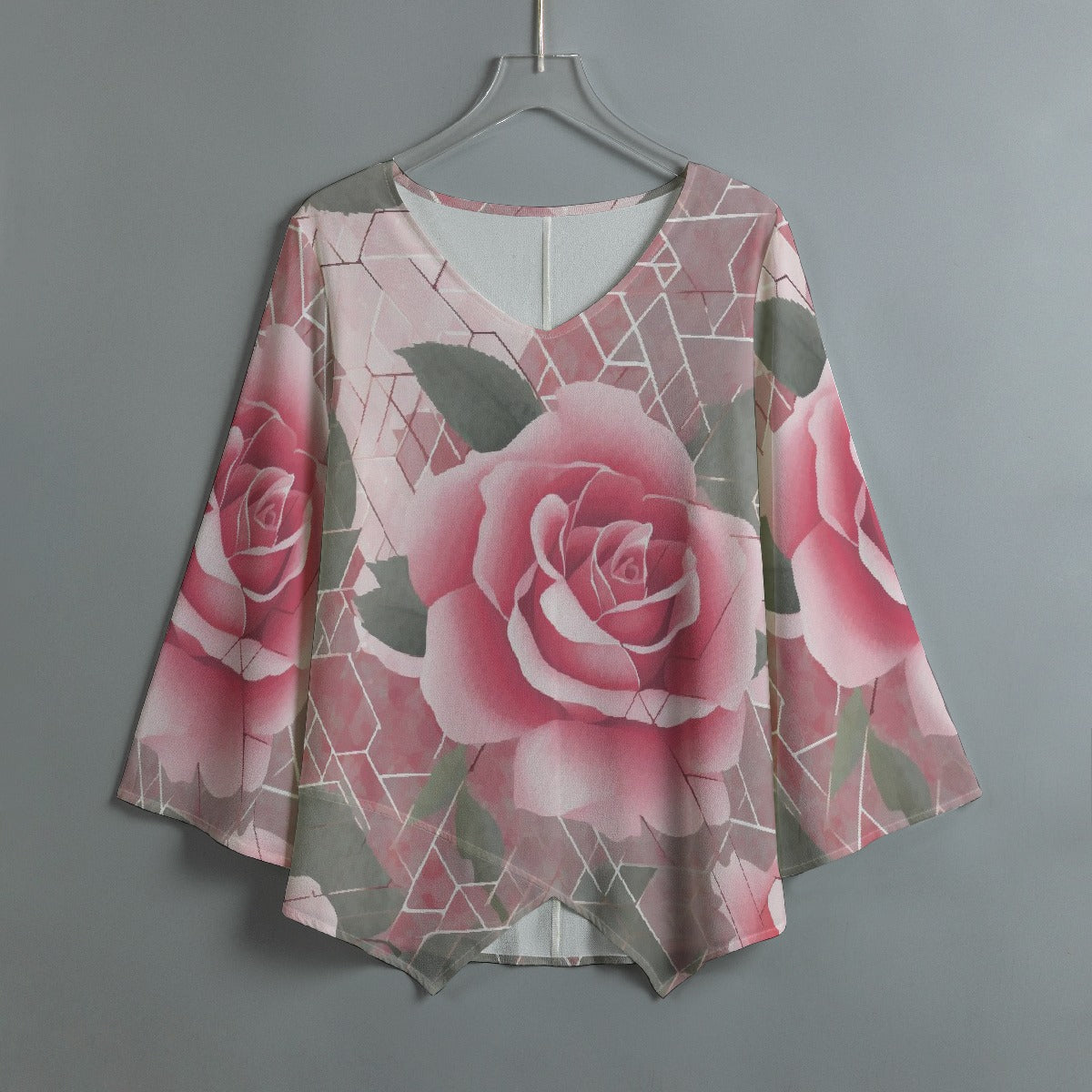 All-Over Print Women's V-neck T-shirt With Irregular Hem