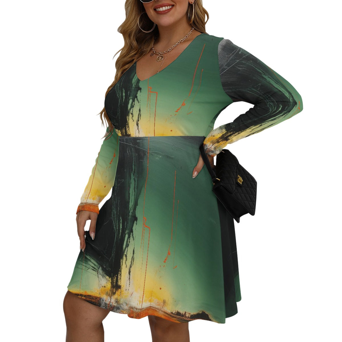 All-Over Print Women's V-neck Long Sleeve Dress(Plus Size)