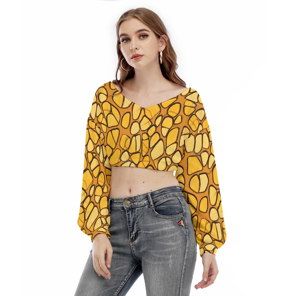 All-Over Print Women's V-neck Long Sleeve Cropped Sweatshirt