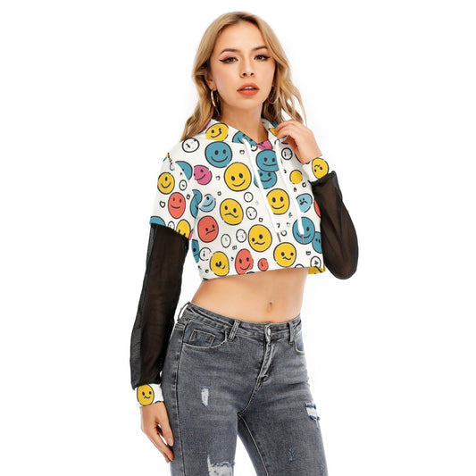 All-Over Print Women's Fake Two-piece Mesh Sleeve Cropped Hoodie