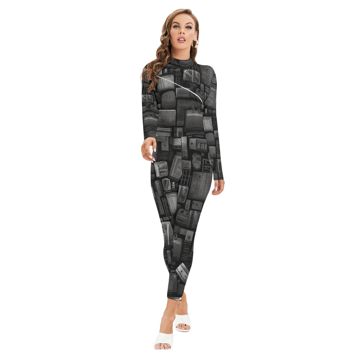 All-Over Print Women's Long-sleeved High-neck Jumpsuit With Zipper