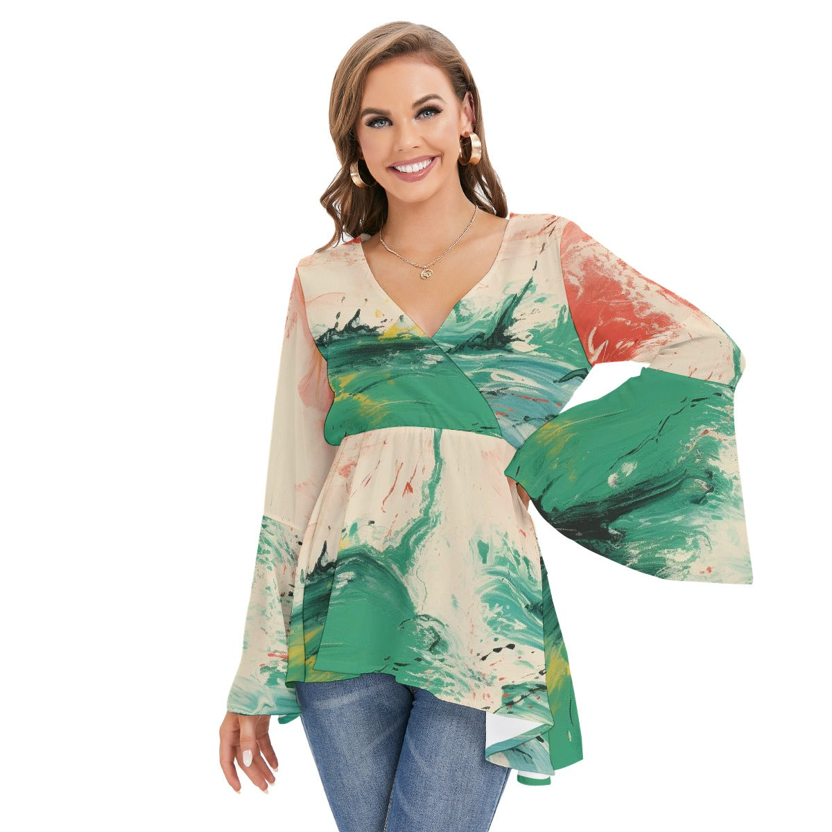 All-Over Print Women's V-neck Blouse With Flared Sleeves