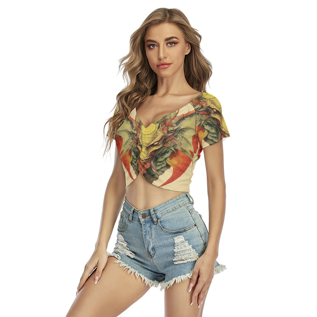 All-Over Print Women's Raglan Drawstring Front  Crop Tee